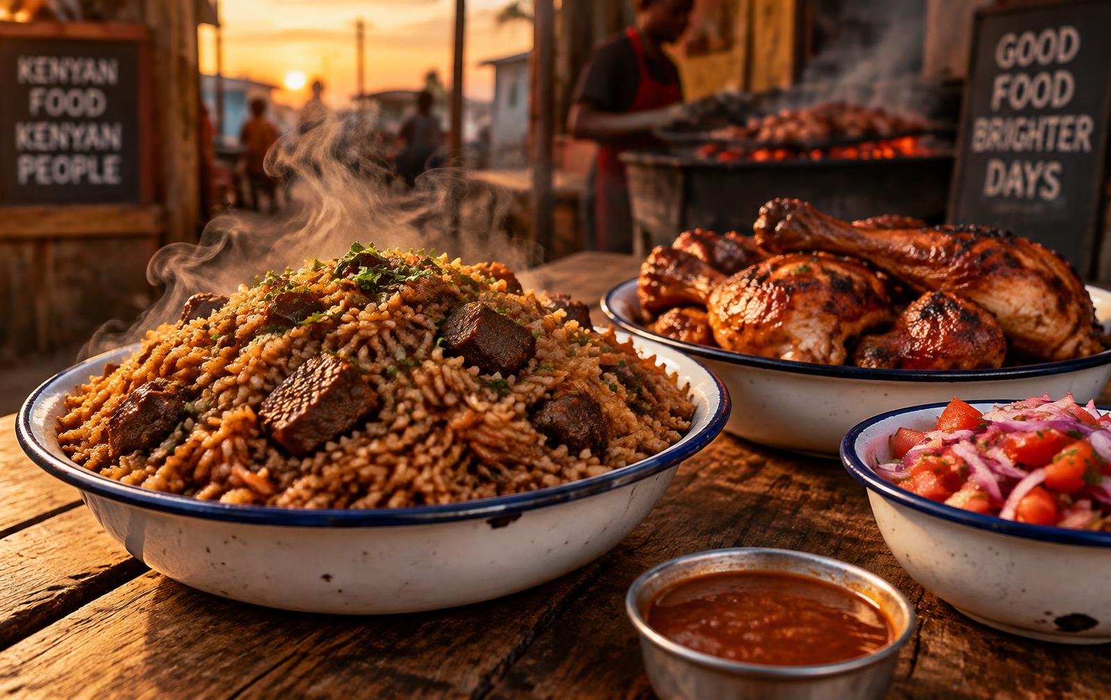 Kenyan pilau and grilled chicken served at a Mwea food stall
